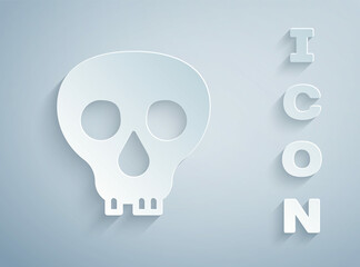 Paper cut Skull icon isolated on grey background. Happy Halloween party. Paper art style. Vector