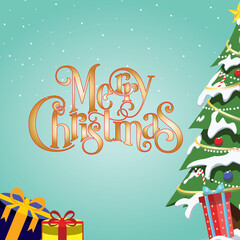 Golden merry christmas text with a christmas tree, gifts and snowflakes

