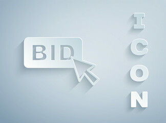 Paper cut Bid icon isolated on grey background. Auction bidding. Sale and buyers. Paper art style. Vector