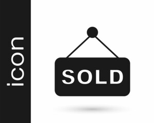 Black Hanging sign with text Sold icon isolated on white background. Auction sold. Sold signboard. Bidding concept. Auction competition. Vector