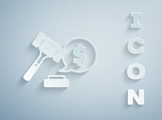 Paper cut Auction hammer price icon isolated on grey background. Gavel - hammer of judge or auctioneer. Bidding process, deal done. Auction bidding. Paper art style. Vector