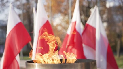 A fire burns in a candle during a national holiday against a backdrop of flying Polish flags.