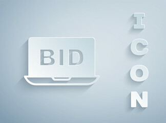 Paper cut Online auction icon isolated on grey background. Bid sign. Auction bidding. Sale and buyers. Paper art style. Vector