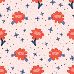 Modern seamless pattern with colorful abstract flowers. Floral design for fabrics, print, wallpaper, scrapbooking. Vector illustration