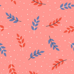 Floral seamless pattern with leaves on pink background. Simple design for fabrics, print, scrapbooking. Vector illustration