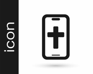 Fototapeta premium Black Christian cross on mobile phone icon isolated on white background. Church cross. Vector