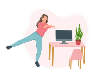 Office worker is doing exercises. A young woman does exercises and warms up near a table with a computer. Fitness. Healthy lifestyle, workout at home.
Workout in the office.
Flat vector.