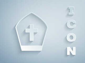 Paper cut Pope hat icon isolated on grey background. Christian hat sign. Paper art style. Vector
