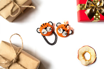 Christmas frame from gifts . New Year banner. Christmas composition. Flat lay, top view