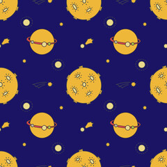 Vector seamless pattern with space, stars and planets for children`s textiles.