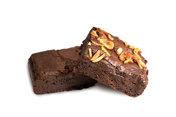 Pieces of fresh brownie on white background. Delicious chocolate pie