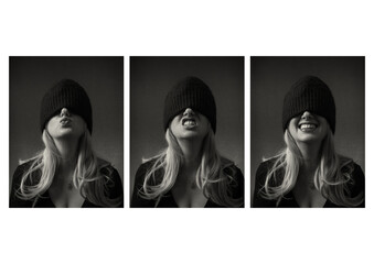 Black and white tryptic of emotive portraits