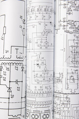 Printed drawings of electrical circuits. Science, technology and electronics.