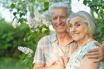 Beautiful senior couple posing in the summer park