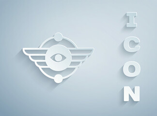 Paper cut Egyptian symbol Winged sun icon isolated on grey background. Paper art style. Vector