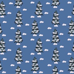 Forest firs, pines in the snow, print, seamless pattern on a blue background