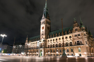 Hamburg, Germany. Townhall building and main city square at night.