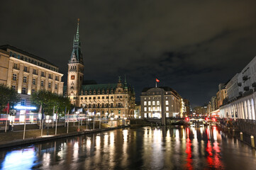 Hamburg, Germany. Townhall building and main city square at night. City centre.