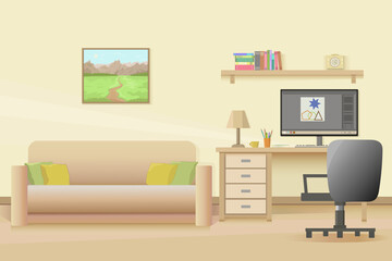 Business, work, education and study. Remote work and study. Vector image of a home office with a desk, computer, books, and sofa on a yellow background. Posters in vector.
