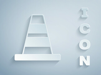 Paper cut Traffic cone icon isolated on grey background. Paper art style. Vector