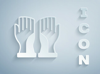 Fototapeta premium Paper cut Firefighter gloves icon isolated on grey background. Protect gloves icon. Paper art style. Vector