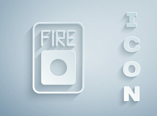 Paper cut Fire alarm system icon isolated on grey background. Pull danger fire safety box. Paper art style. Vector