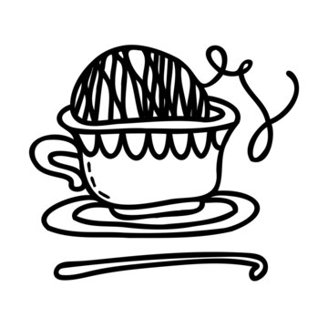 Black and white illustration of a yarn ball in a tea cup. Doodle vector design for web and print. 