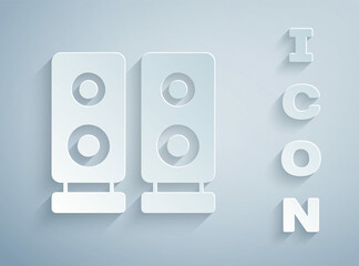 Paper cut Stereo speaker icon isolated on grey background. Sound system speakers. Music icon. Musical column speaker bass equipment. Paper art style. Vector