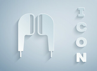 Paper cut Air headphones icon icon isolated on grey background. Holder wireless in case earphones garniture electronic gadget. Paper art style. Vector
