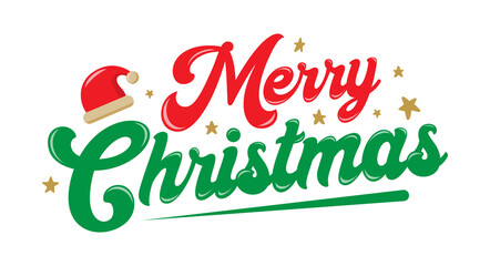 Merry Christmas cheerful fun calligraphy lettering design with Christmas hat and stars. Xmas holiday typography.