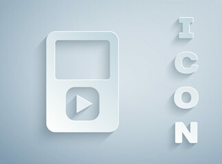 Paper cut Music player icon isolated on grey background. Portable music device. Paper art style. Vector