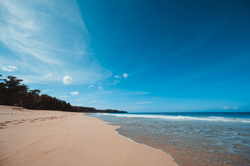 Tropical bay sandy beach. Sea waves landscape