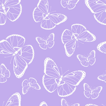 Butterfly silhouette seamless pattern. Vector background with flying butterflies. Outline illustration.