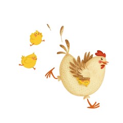 Big cheerful chicken with little yellow chickens running