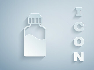 Paper cut Vape liquid bottle for electronic cigarettes icon isolated on grey background. Paper art style. Vector