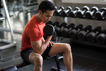 Strong man biceps dumbbell exercise in gym - obrazy, fototapety, plakaty