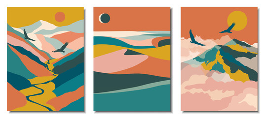 Abstract modern backgrounds landscapes set with mountains, river, eagles, desert, clouds. minimalist art. Vector illustration.