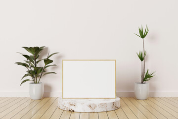 Horizontal wooden photo frame mockup on a podium marble in empty room with plants on a wooden floor