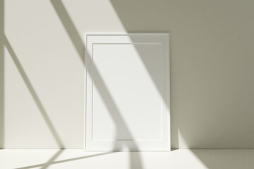 Vertical white photo frames mockup on the floor leaning against the room wall with shadow