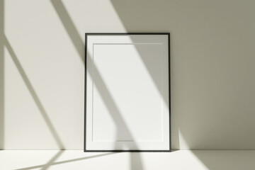 Vertical black photo frames mockup on the floor leaning against the room wall with shadow