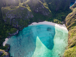 Maya Bay Koh Phi Phi Thailand, Turquoise clear water Thailand Koh Pi Pi, Scenic aerial view of Koh Phi Phi Island in Thailand. 