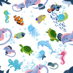 Naklejka premium Marine life, fish, animals bright seamless pattern. sea travel, underwater diving animal tropical fish. Jellyfish, whale, shark, seahorse, clown fish, dolphin, turtle, emperor