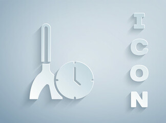 Paper cut Cleaning time icon isolated on grey background. Sanitary service, house hygiene. Paper art style. Vector