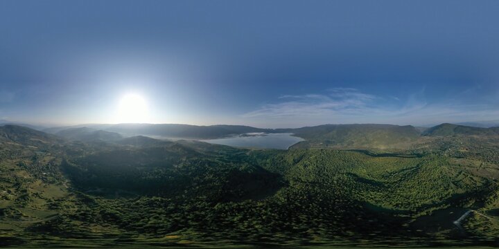 360 panorama of mountains and lake, aerial view
