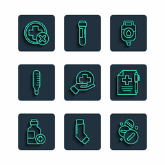 Set line Bottle of medicine syrup, Inhaler, Medicine pill or tablet, IV bag, Cross hospital medical, Medical thermometer, and prescription and pen icon. Vector