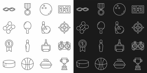 Set line Award cup, Time chess clock, Target sport, Bowling ball, Racket for playing table tennis, Dumbbell, Glasses swimming and pin and icon. Vector