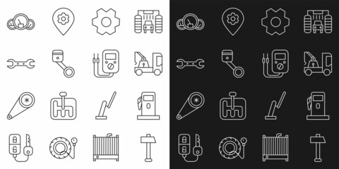 Set line Hammer, Petrol or Gas station, Tow truck, Gear, Engine piston, Wrench spanner, Speedometer and Multimeter icon. Vector