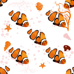 Fototapeta na wymiar Amphiprion, Orange bright sea dweller clown fish surrounded by water bulbs, hand drawn