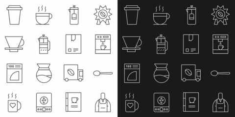 Set line Barista, Spoon, Coffee machine, French press, V60 coffee maker, cup to go and Bag beans icon. Vector