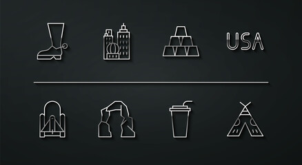 Set line Cowboy boot, Rocket launch from the spaceport, USA label, Paper glass with straw, Grand canyon, City landscape, Indian teepee wigwam and Gold bars icon. Vector © Kostiantyn